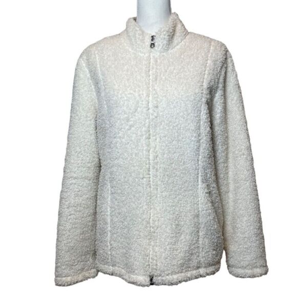 J. Jill White Fluffy Teddy Fleece Coat Jacket Polyester Full Zip Pockets Large - Picture 1 of 11